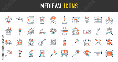 Medieval icon set. Such as knight, castle, crown, jester, manuscript, flag, tavern, treasure chest,  anvil, ship, carriage, armour, axe, bell, bow, arrow, sword, goblet vector icons illustration.