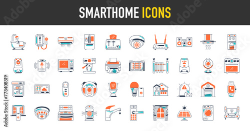 Smart home icon set. Such as control, lighting, fridge, garage, toilet, plug, voice assistant, window, robot vacuum cleaner, home automation, remote, monitoring, field vector icons illustration.