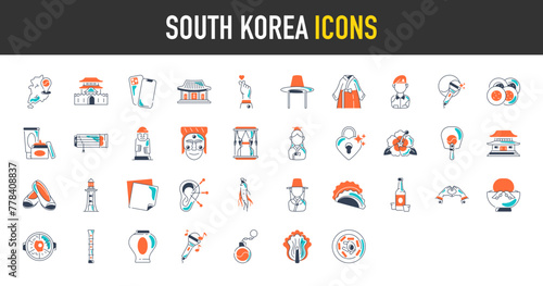 south korea icon set. Such as anok, hat, korean, kimchi, fan, mask, ginseng, bibimbap, gayageum, gimbap, hwaseong, key chain, hanbok, kpop, komusin, lighthouse, love, hat vector icons illustration.
