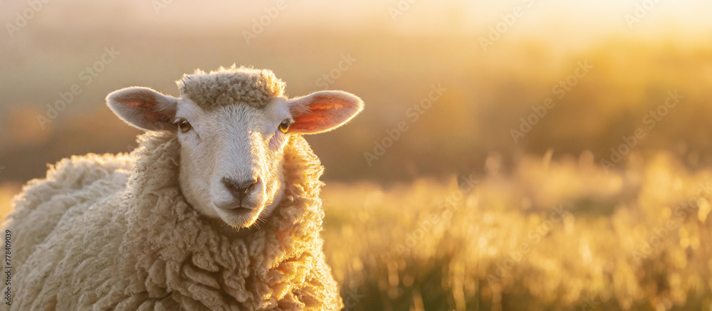 A close-up of a sheep with soft, white fur, looking directly at the camera, with a golden sunset in the background
