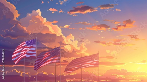 Background of the 2024 presidential election. USA flags flying against a cloudy sky at sunrise. Voting day, November 5. Modern illustration for campaigning for the 2024 presidential election. photo