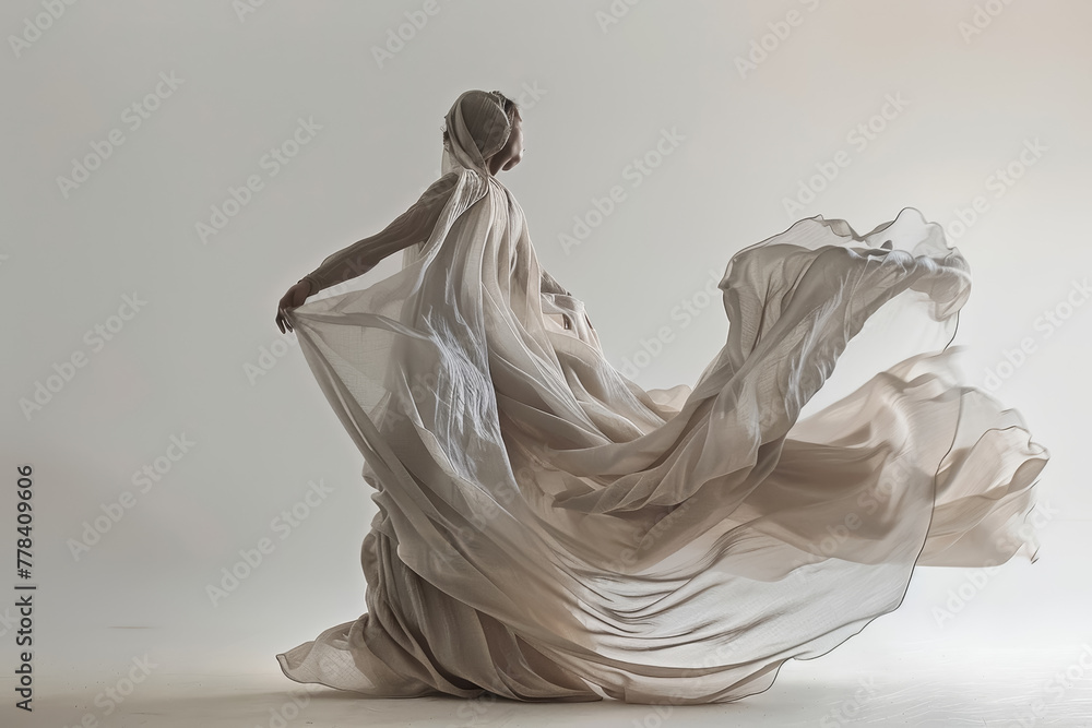 High-fashion model draped in a flowing, dramatic fabric.