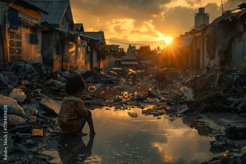 A child sitting on the ground in slums, surrounded by debris and puddles of water 