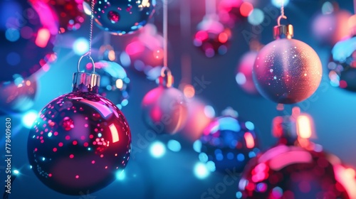 Render of festive Christmas ornaments illuminated with pink blue neon light, isolated over a blue background. Assorted flying balls.