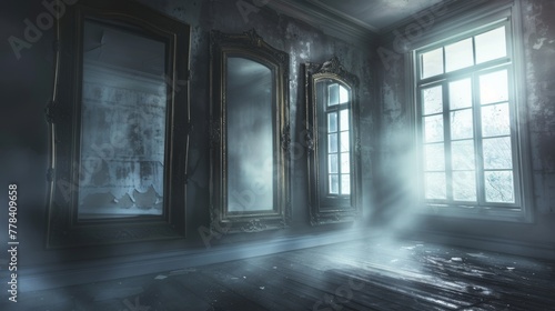 Rays of light break through the windows, illuminating the dust and decay in a room with antique mirrors of an abandoned house