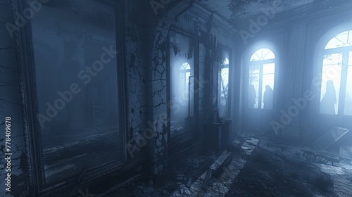 Ghostly shadows in a forsaken mansion. Ethereal silhouettes loom in a misty, decrepit room with cracked mirrors, capturing the eerie essence of an abandoned mansion