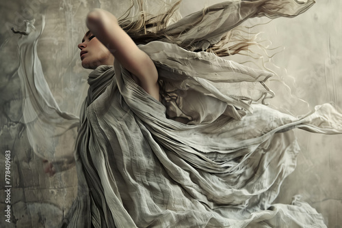 High-fashion model draped in a flowing, dramatic fabric.
