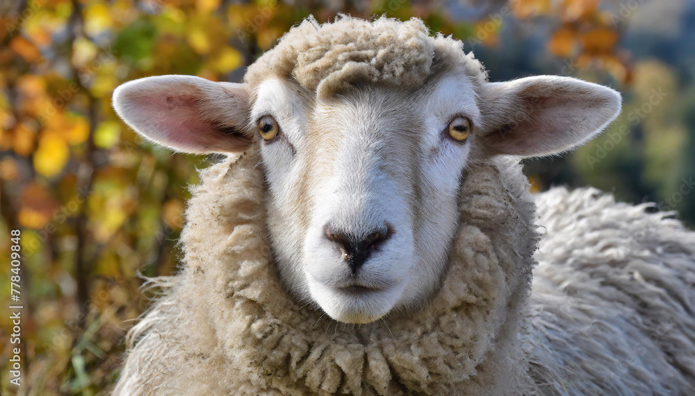 Close-up of a sheep’s face, showcasing its innocent eyes and fluffy white wool, with an autumn backdrop.