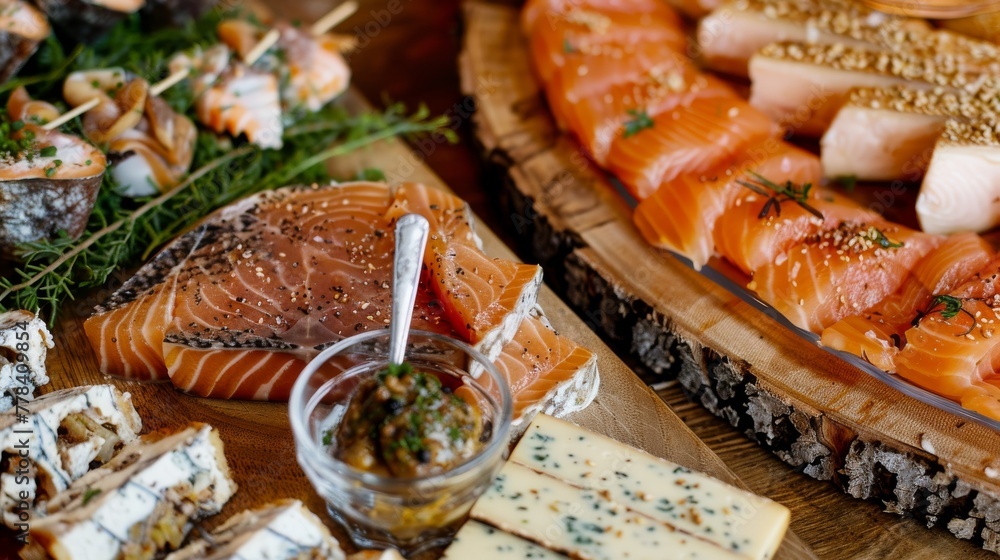 A wooden platter brimming with diverse foods, beside a glass of wine and crackers A wooden platter brimming with diverse foods, beside a glass of wine and crackers