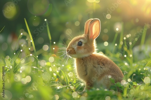 Clear glass rabbit in a meadow, dewy morning, sparkling, delicate, soft focus, digital art style , 8K , high-resolution, ultra HD,up32K HD © ธนากร บัวพรหม