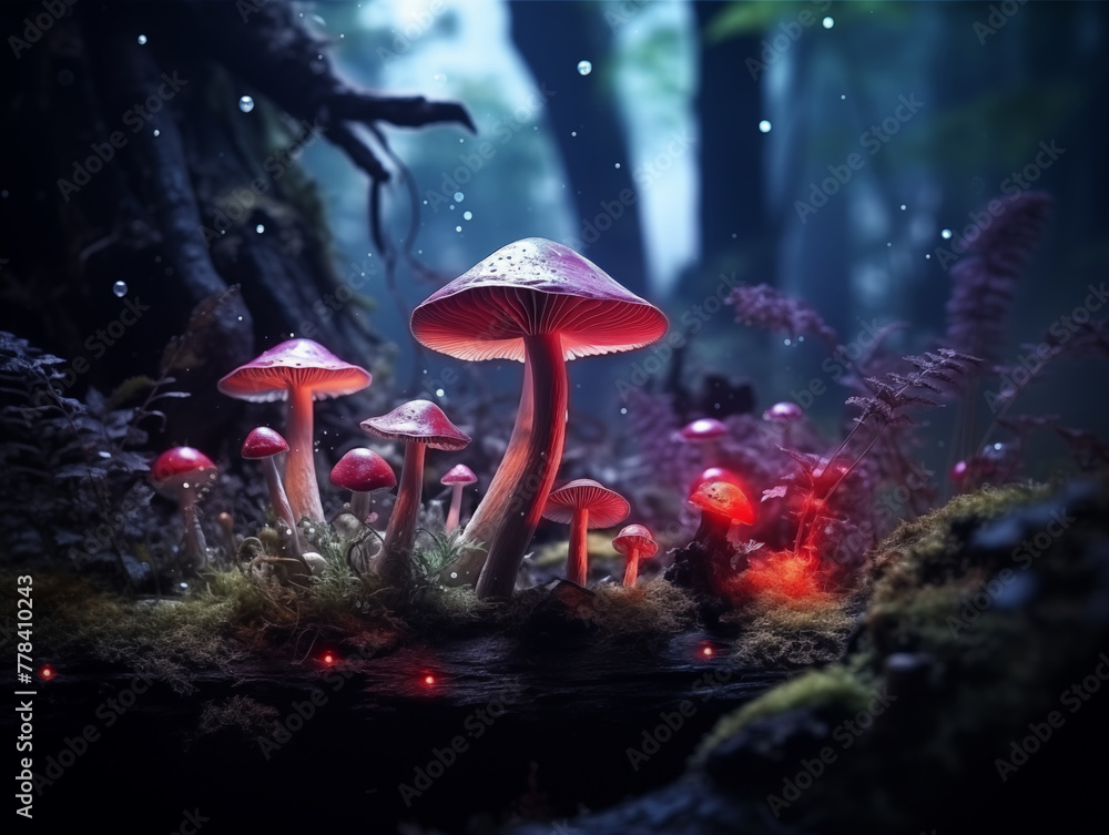 Wild mushrooms on a log in the forest at night, with fireflies shining, fantasy, fairy tale, generated by ai 