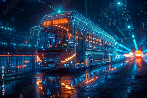 digital smart  bus  with glowing data streams   artificial intelligence in  public transportation systems  route optimization  passenger safety  and overall efficiency. urban mobility.