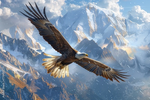 Crystal eagle soaring, mountain peaks, sunlight prism effect, majestic, vibrant colors, photorealistic , 8K , high-resolution, ultra HD,up32K HD