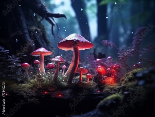 Wild mushrooms on a log in the forest at night, with fireflies shining, fantasy, fairy tale, generated by ai 