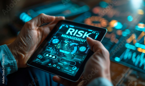 Corporate professional analyzing risk management strategies on a digital interface, emphasizing the importance of proactive mitigation and contingency planning in modern business operations photo
