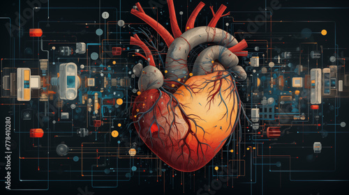 A human heart, intricately illustrated, pulsates at the nexus of a vast data network. Medical data streams converge, weaving a tapestry of connected health information. photo