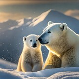 Un oso polar bebé con su mamá en el artico