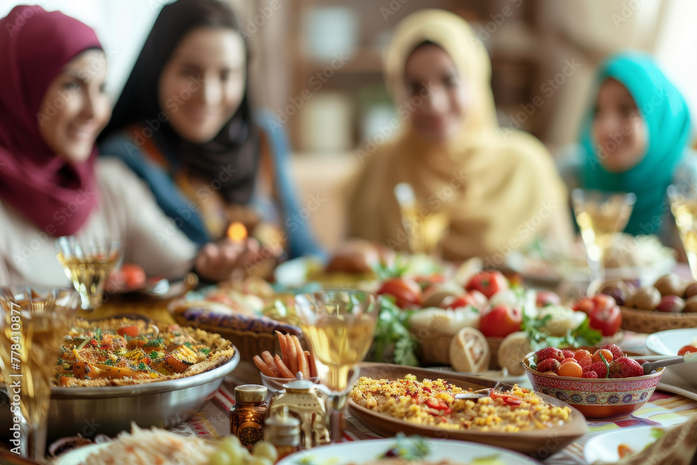A group of women are sitting around a table with a variety of food