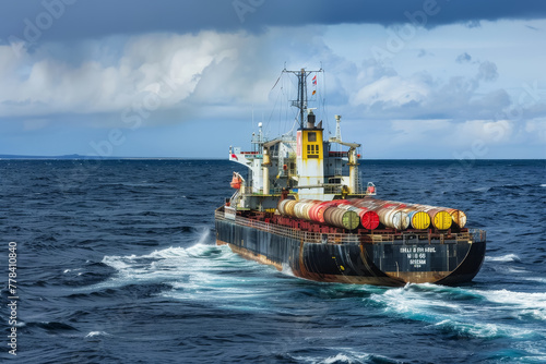 Large container ship carrying oil barrels across blue ocean photo