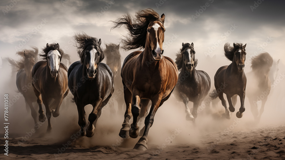 Fototapeta premium Equestrian group in motion: hooves pounding earth, a symphony of power. Dust swirls as they gallop, a synchronized heartbeat.