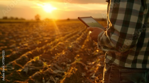 business man working with tablet outdoors. Farmer works with a tablet on a wheat field in the sun.