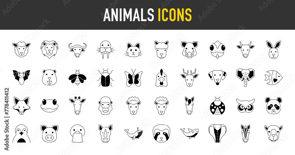 Animals icon set. Such as sheep, fox, butterfly, bat, horse, cat, dog ...