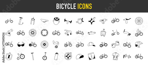 Bicycle & cyclists icons set. Such as ride, wheel, race bike, fork, seat, hub, handlebar, water bottle, gear, lever, helmet, path, delivery man, carrier, suit, air pump, chain vector icon illustratio