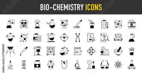 Biochemistry icon set. Such as science, dish, molecular, experiment, physics, botany, lab, coat, microscope, certificate, chemical, pills, test, dna, research, analysis, atom vector icons illustration