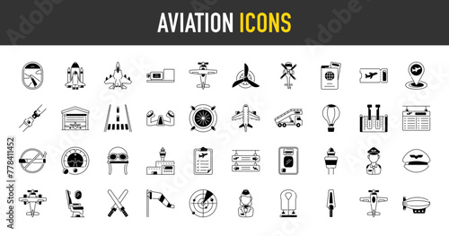 Airport icon set. Such as aviation, takeoff, runway, air balloon, landing, monitors, aircraft, radar, helicopter, window, turbine, ladder, hangar, monoplane, control, seat vector illustration icons