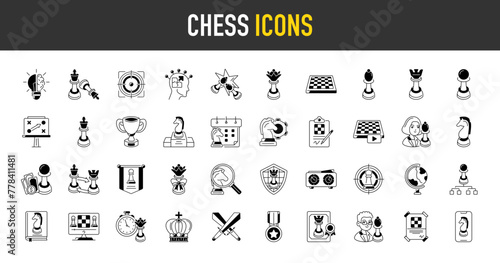Chess icon set. Such as queen, strategy, checkmate, lose, board, clock, player, king, rock, pawn, castling, clipboard, gift, knight, shield, tournament, tutorials, award, flag vector icons 