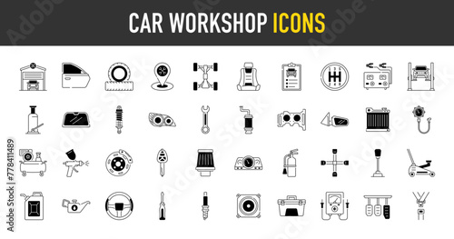 Car workshop icons set. Such as auto, automobile, door, charger, air compressor, windshield, fire, location, radiator, paint spray, light, oil, toolbox, pedals, inspection vector icon illustration