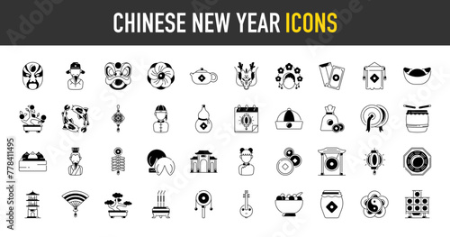 Chinese new year icon. such as lunar year, mask, emperor, teapot, dragon, flower, carps, dumpling, calabash, envelope, red,  calendar, hat, money, cymbals, drum, firecracker vector icons illustration