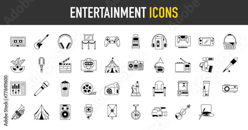 Entertainment icons set. Such as guitar, cinema, microphone, chess, headphones, picnic, basket, television, game, fireworks, radio, music, art, gallery, circus, clapperboard, claw vector icon.