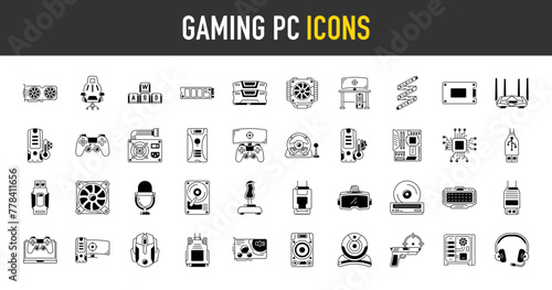 Gaming pc icons set. Such as case, graphic card, ssd, cpu, computer, motherboard led strip, fan, game controller, headset, router, power, laptop, disk, joystick, drive vector vector icon illustration