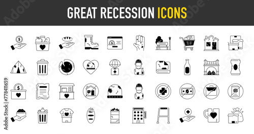Great recession and economic crisis icon set. Such as decrease, layoff, job, coin, pay, low cost, global economy, car, food travel, money, house, law, shop, earth, property vector icon illustration	