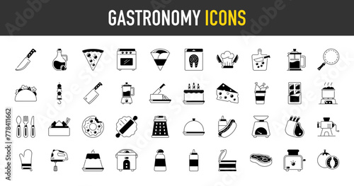 Gastronomy icon set. Such as apple, steak, menu, oyster, fast food, lemon, coffee beans, gin, lime, lemon, taco, chef, knife, hot dog, lamb, cutlery, cake, blender, butter vector icons illustration.