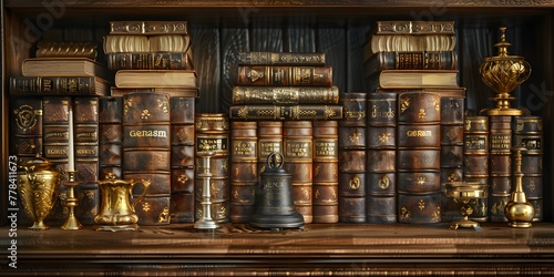 a stack of books with a bell on top photo