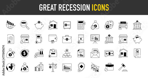 Great recession and economic crisis icon set. Such as decrease, layoff, job, coin, pay, low cost, global economy, car, food travel, money, house, law, shop, earth, property vector icon illustration	