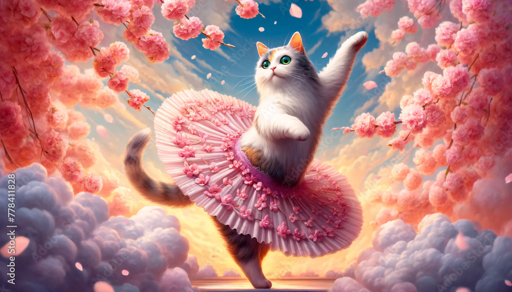 Envision a whimsical scene featuring a cat ballet dancer mid-twirl ...