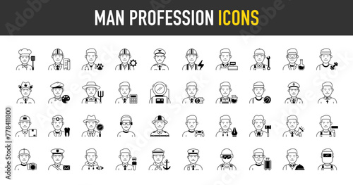 Man professions icons set. Such as occupations, workers, lawyer, chef, doctor, developer, scientist, farmer, designer, astronaut, expert, gamer, trainer, influencer, entrepreneur vector icon.