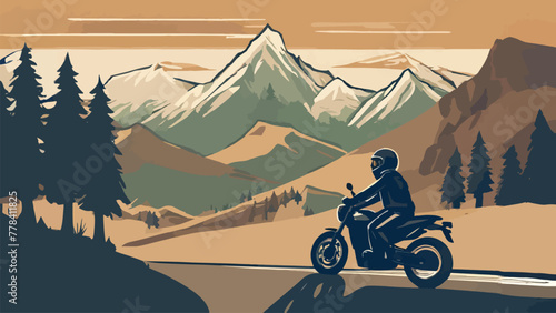 illustration of a motorbike rider walking between trees and mountains