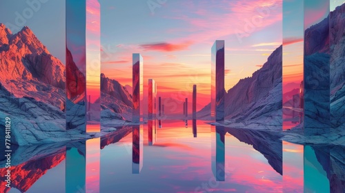 Modern minimal abstract panoramic background with geometric mirrors and landscape with rocky mountains under sunset sky. Amazing aesthetically pleasing wallpaper. © Mark