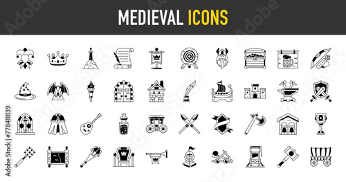 Medieval icons set. Such as knight, castle, crown, jester, manuscript, flag, tavern, treasure chest, anvil, ship, carriage, armour, axe, bell, bow, arrow, sword, goblet vector icon illustration.