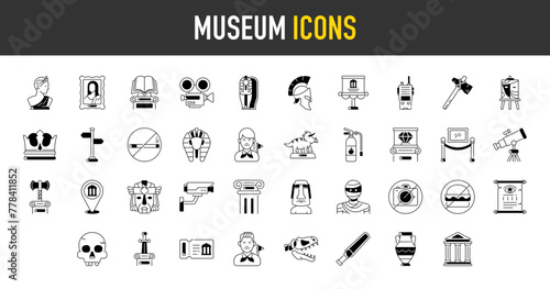 Museum vector icons. Such as tourist group, sculpture, art, gallery, fossil, book, stand, barrier, ticket, abstract, diamond, dinosaur, mask, sculpture, skull, sword vector icon illustration.