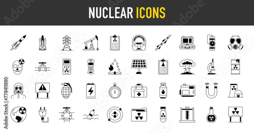 Nuclear and energy icon set. Such as tower, gas mask, suitcase, pipeline, tank, hazmat, fuel, danger, missile, formula, dosimeter, explosion, generator, electricity, weapon vector icons illustration.