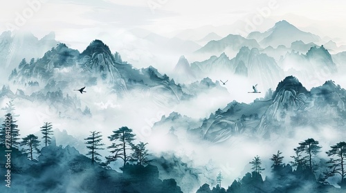 The background is traditional Chinese nature with mountains, pine trees, and a flying crane bird. This watercolor landscape is depicted in a foggy way. © Mark