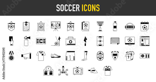 Soccer football icons. Such as captain, team flag, card, analyst, air horn, goal post, jersey, medal, megaphone, referee, shoes, stadium, stopwatch,  score board vector icon illustration. photo