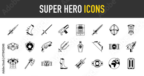 Super hero icon set. Such as gun, weapon, sword, radioactive, medieval, mace, game assets, bow, shield, ring, blaster, boots, armor icons vector illustration.