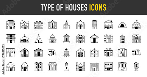 Type of houses icons set. Such as big city buildings, urban architecture, state institutions, residential, religious and cultural monuments vector icon. 