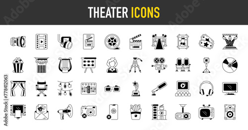 Theater icons set. Such as cinema, film, movie, tv, video, camera, cd, music player, tickets, television, 3d goggles vector icon illustration. 